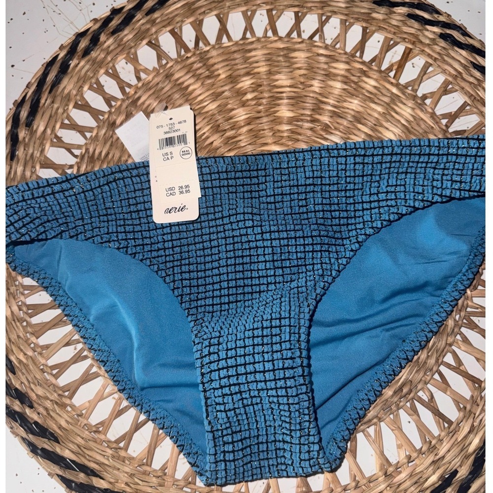 Aerie Real Good Smocked Metallic Bikini Bottom Teal Blue UPF 50 Small NWT